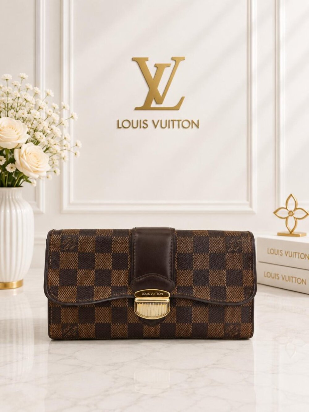 Authentic Louis Vuitton Sistina Bifold Long Wallet Damier Ebene Brown